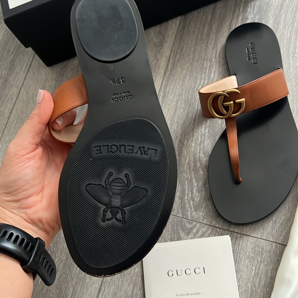 Authentic Gucci Brown and Black Sandals with Signature GG Logo. Size 37.5/7.5 - Picture 3 of 8